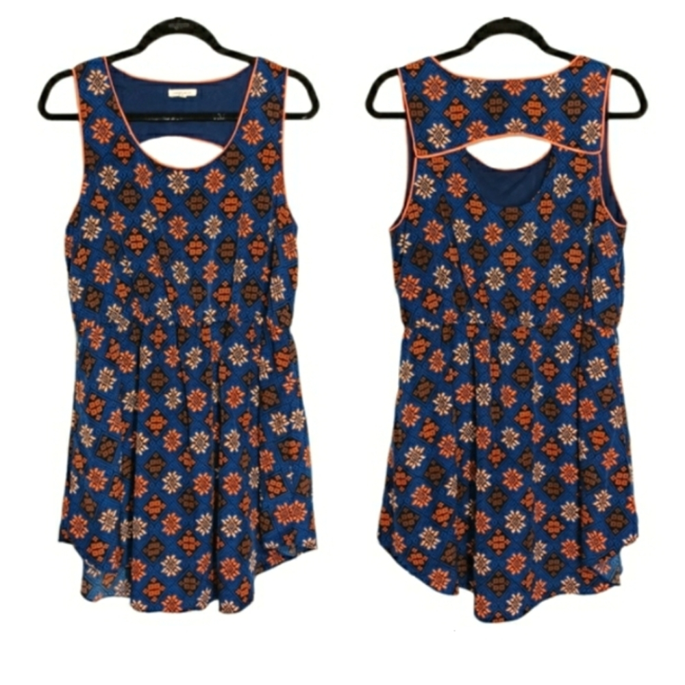 UNDER SKIES Navy Blue Orange Geometric Print Sleeveless Back Keyhole Print Dress